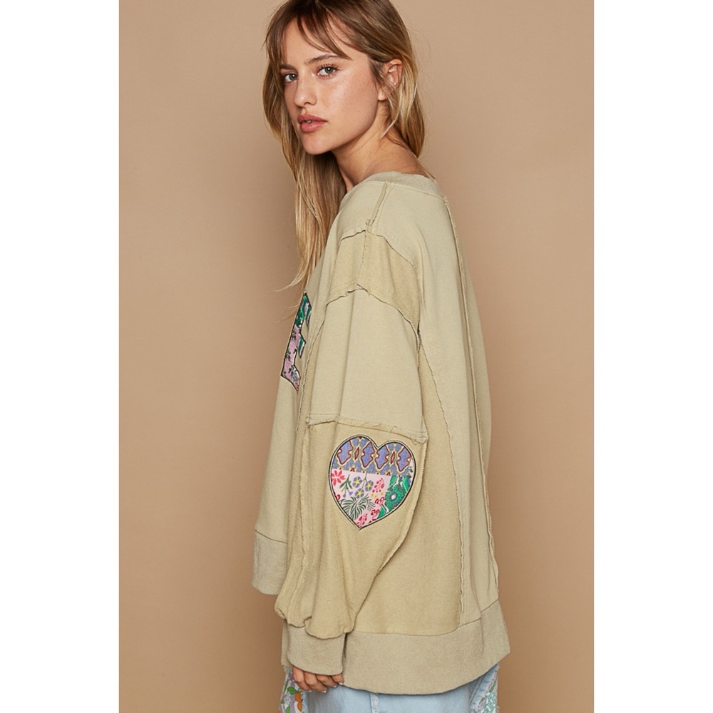 POL Olive Green LOVE Pullover | Heart Patch Boho Sweatshirt - Picture 3 of 6
